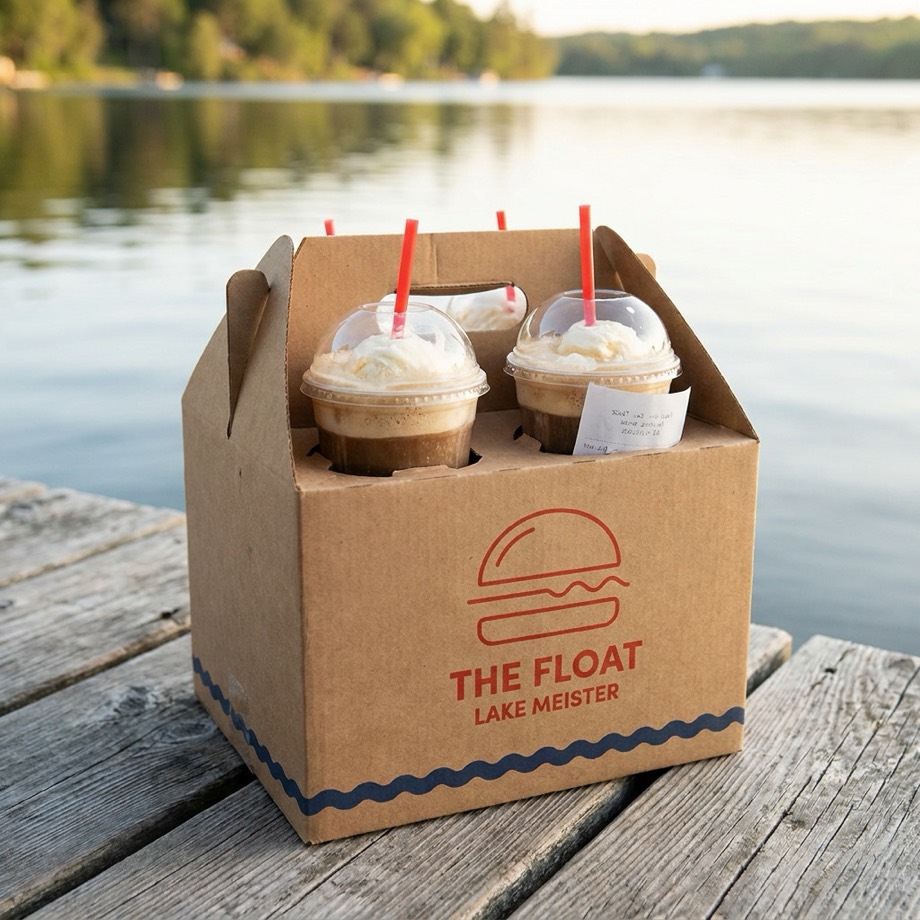 The Beach Box on the dock at Shawnigan Lake, with floats in the drink holder